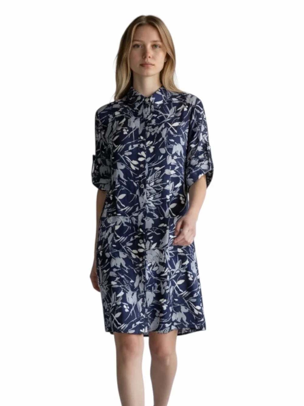 Banana Republic Navy Blue Gray Floral Shirt Dress Roll Tab Sleeve Size 10 NWT